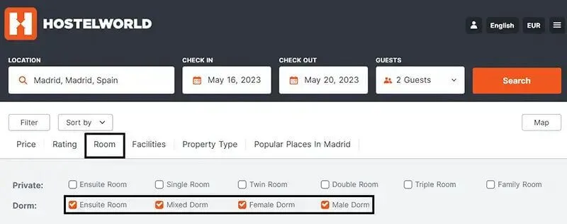 Hostelworld Filters